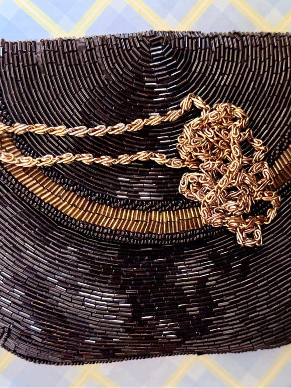Vintage Black Beaded Evening Bag • Gold Chain Strap • Art Deco Style - Picture 2 of 6